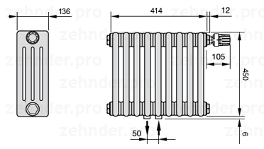 Схема (чертеж) Радиатор Zehnder Charleston 4045/9 №V008 Белый глянцевый RAL 9016